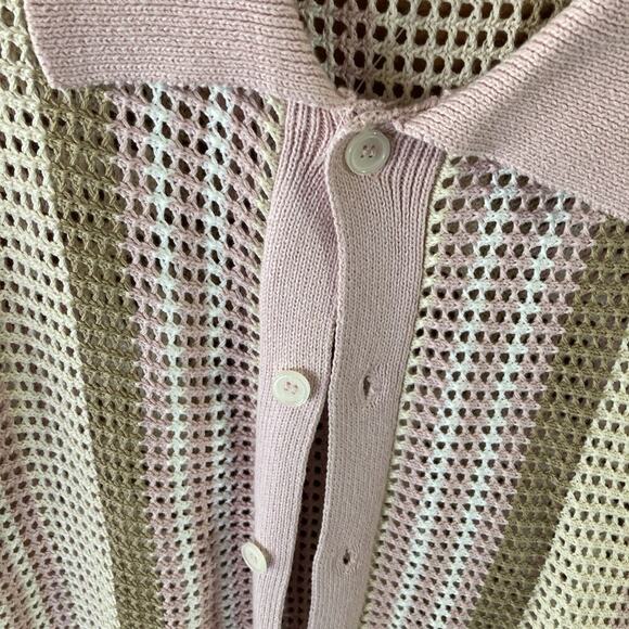 Massive Luxury Crochet Knit Polo Shirt Sz M New Pink White Brown Button Closure - Picture 3 of 10